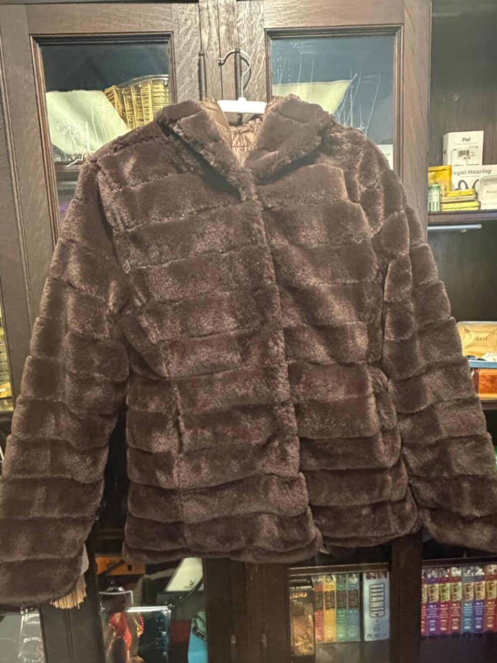 Women’s Brown Plush Faux Fur Hooded Jacket Unbranded
